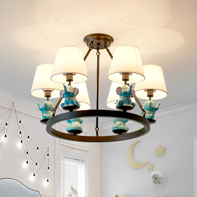 Black Ring Chandelier Lamp Cartoon 6-Head Metal Pendant Ceiling Light with Cone Fabric Shade and Pink/Blue Elephant Decor