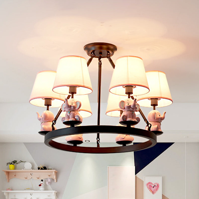 Black Ring Chandelier Lamp Cartoon 6-Head Metal Pendant Ceiling Light with Cone Fabric Shade and Pink/Blue Elephant Decor