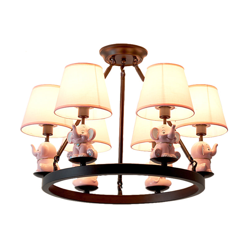 Black Ring Chandelier Lamp Cartoon 6-Head Metal Pendant Ceiling Light with Cone Fabric Shade and Pink/Blue Elephant Decor