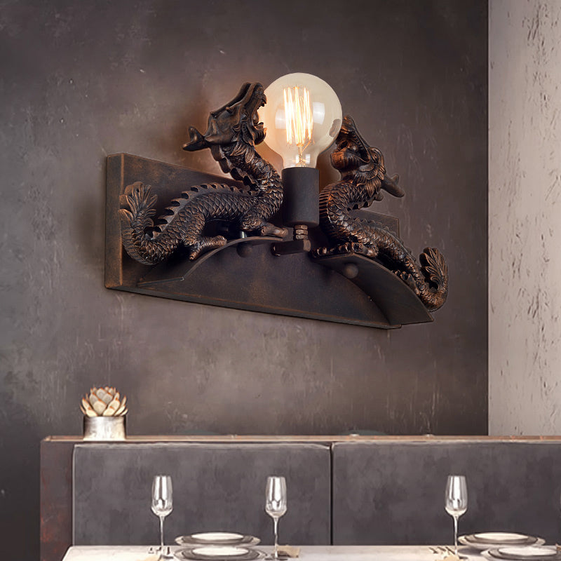 Dragon Wall Mount Light with Bare Bulb Design Rustic Industrial Wrought Iron Wall Sconce