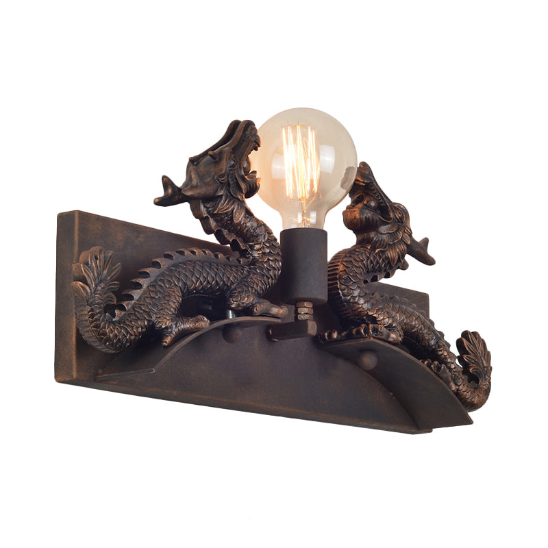Dragon Wall Mount Light with Bare Bulb Design Rustic Industrial Wrought Iron Wall Sconce