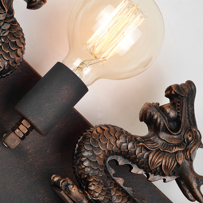 Dragon Wall Mount Light with Bare Bulb Design Rustic Industrial Wrought Iron Wall Sconce