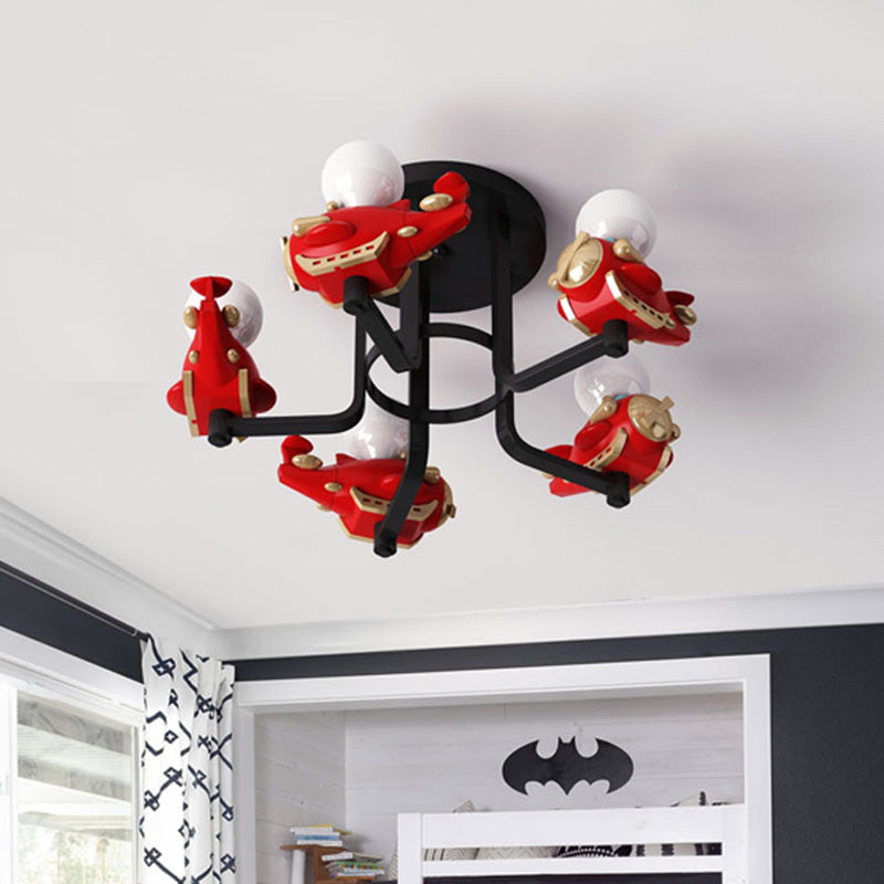 Avión Metal Semi Flush Mount Cartoon 5 luces Rojo Flush Light for Boys Bedroom
