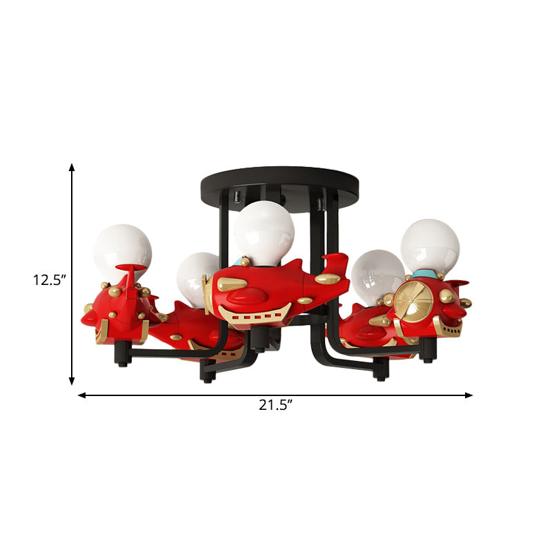 Avión Metal Semi Flush Mount Cartoon 5 luces Rojo Flush Light for Boys Bedroom