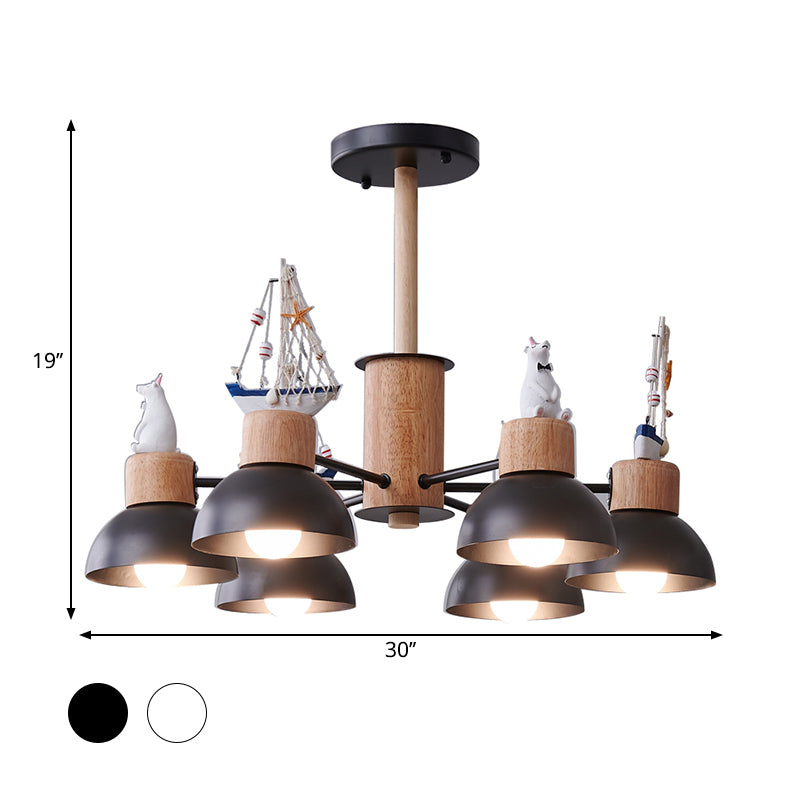 Dome Metallic Chandelier Lighting Cartoon 6 Bulbes Black / White suspension de plafond suspendu avec design d'ours et de navire