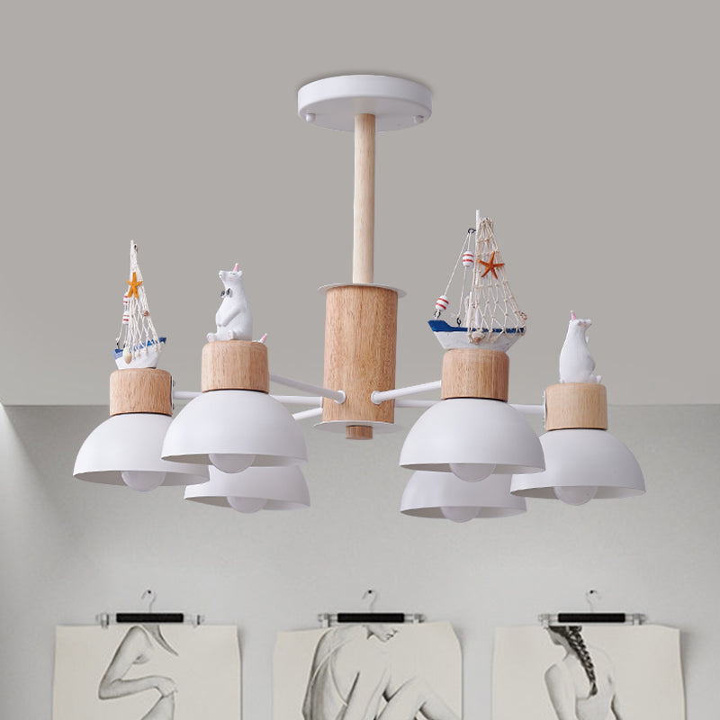 Dome Metallic Chandelier Lighting Cartoon 6 Bulbs Black/White Hanging Ceiling Light with Bear and Ship Design