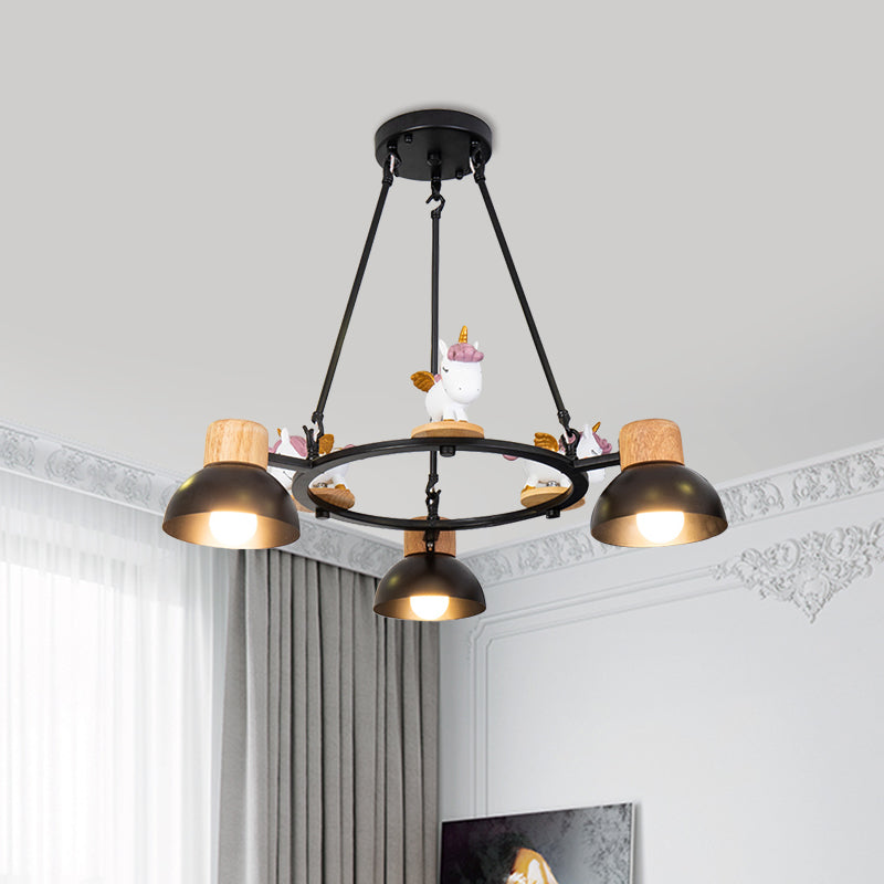 Kids Domed Pendant Chandelier Metal 3/6 Lights Living Room Suspension Lighting with Deer/Horse Decor in Black/White