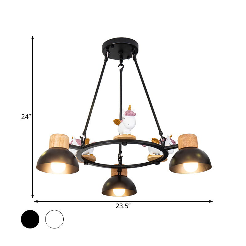 Kids Domed Pendant Chandelier Metal 3/6 Lights Living Room Suspension Lighting with Deer/Horse Decor in Black/White