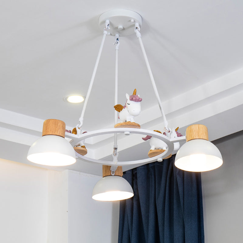 Kids Domed Pendant Chandelier Metal 3/6 Lights Living Room Suspension Lighting with Deer/Horse Decor in Black/White