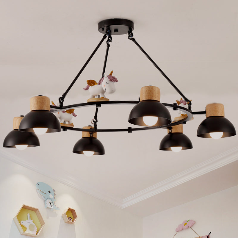 Kids Domed Pendant Chandelier Metal 3/6 Lights Living Room Suspension Lighting with Deer/Horse Decor in Black/White