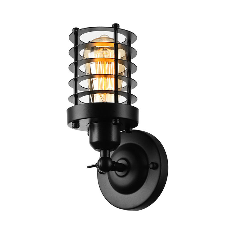 Luce parete cilindro in ferro battuto con tonalità a gabbia industriale 1 testa a parete interno a monte in ruggine/finitura nera