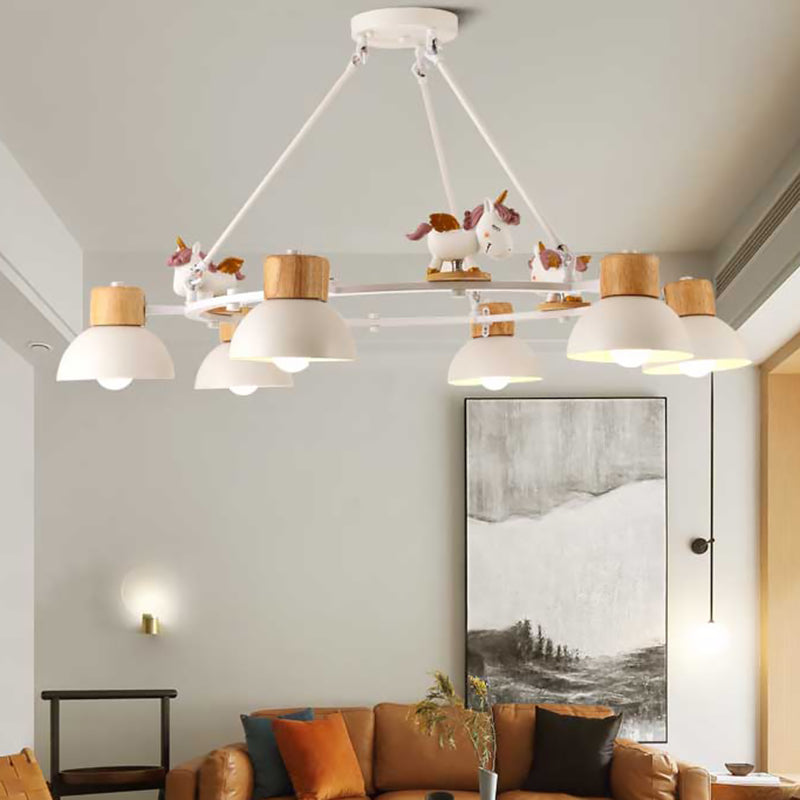 Kids Domed Pendant Chandelier Metal 3/6 Lights Living Room Suspension Lighting with Deer/Horse Decor in Black/White