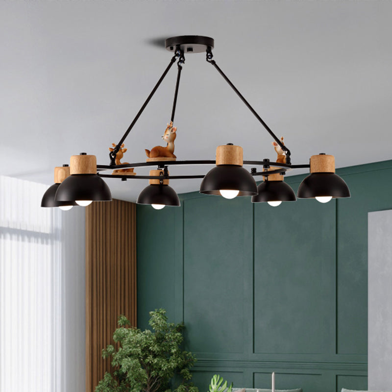 Kids Domed Pendant Chandelier Metal 3/6 Lights Living Room Suspension Lighting with Deer/Horse Decor in Black/White