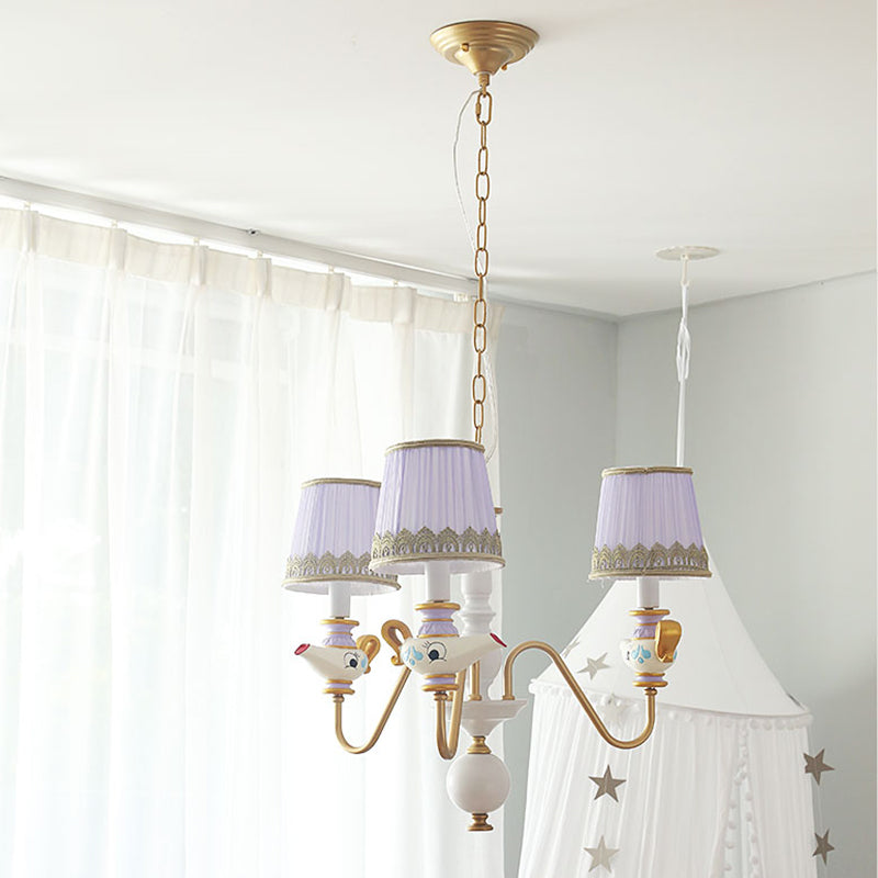 Gold Conical Pendant Lighting Modernism 3/5/6 Lights Fabric Hanging Chandelier with Teapot Decor
