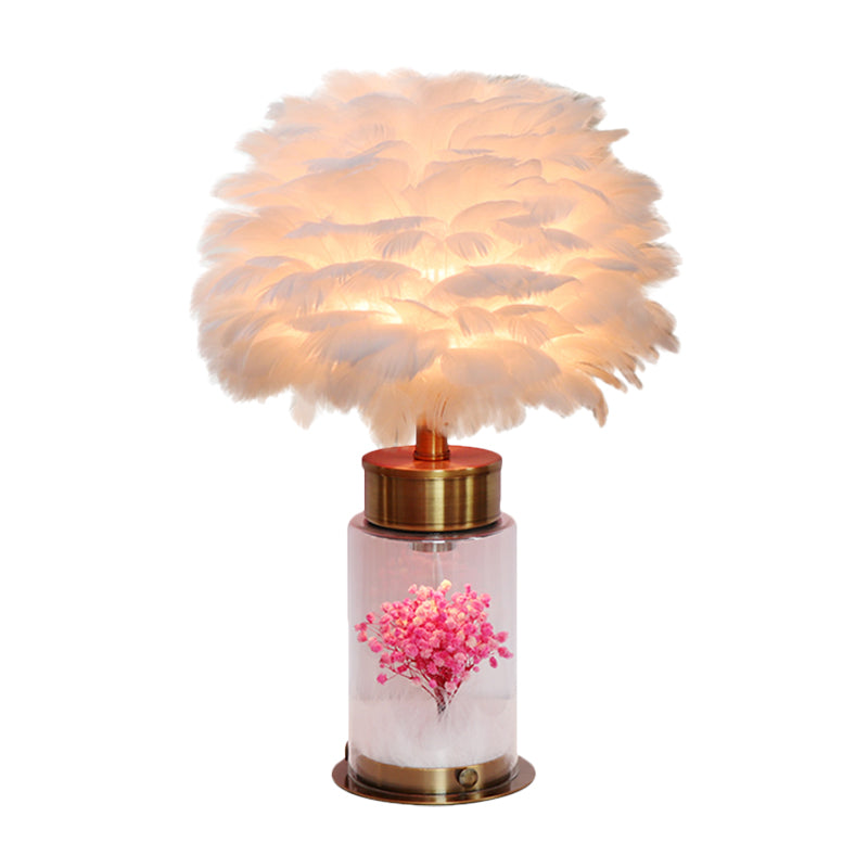 Lampe d'étude du globe de plumes nordique 1 Bureau de bureau avec base de bouteille et décoration de fleurs intérieures en gris / blanc / rose