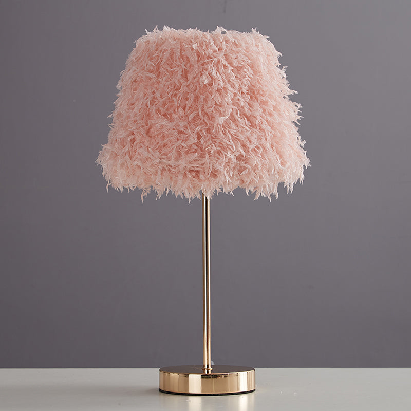 Pink/White Feather Conical Nightstand Lamp Modernist 1-Head Reading Book Light with White/Gold Base