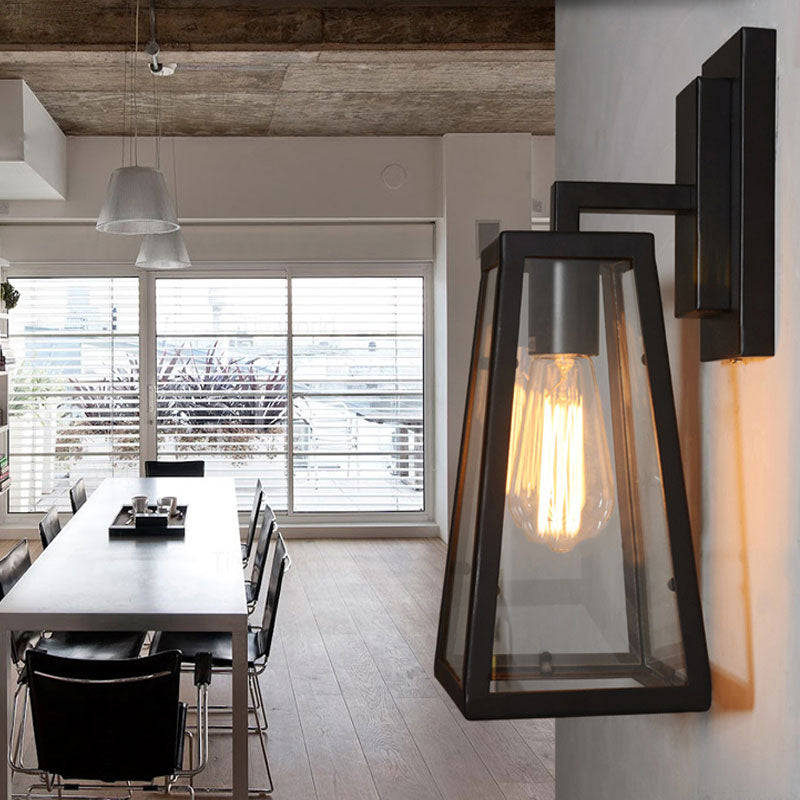 1 Bulb Trapezoid Cage Wall Lamp Industrial Stylish Matte Black Metallic Wall Mount Light for Living Room