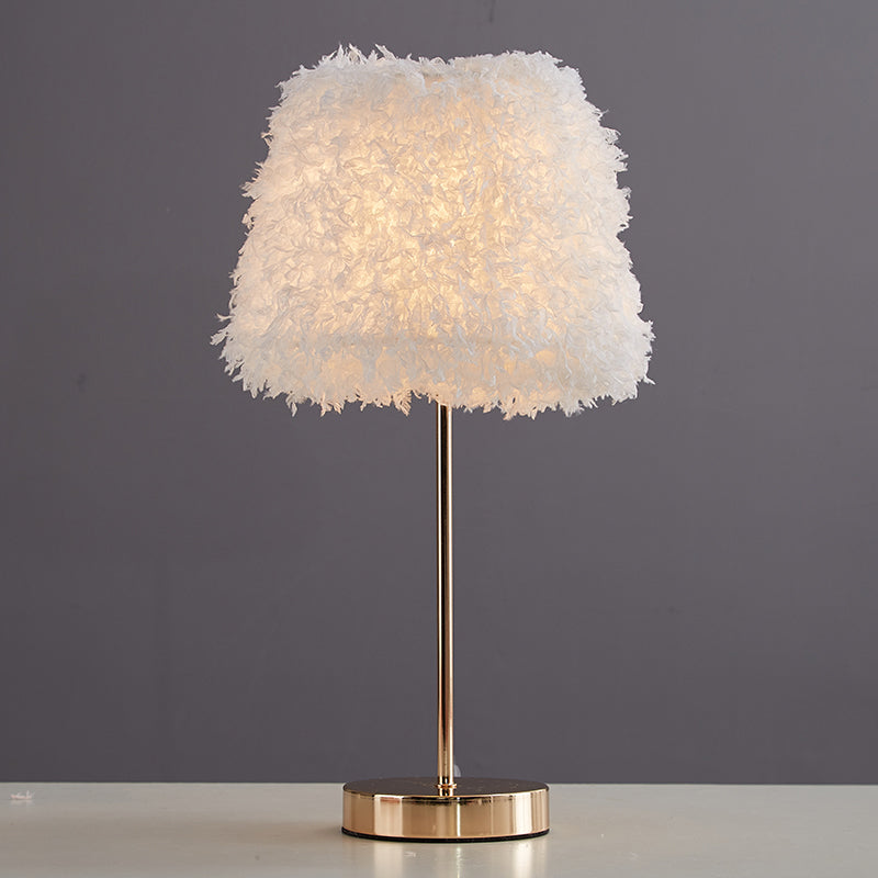 Pink/White Feather Conical Nightstand Lamp Modernist 1-Head Reading Book Light with White/Gold Base