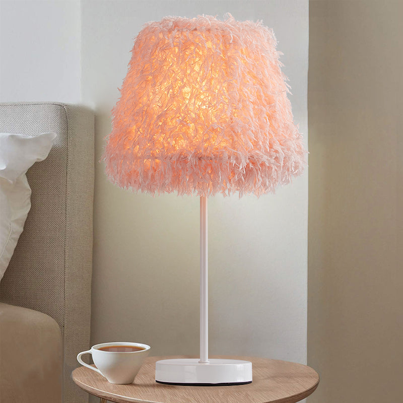 Pink/White Feather Conical Nightstand Lamp Modernist 1-Head Reading Book Light with White/Gold Base