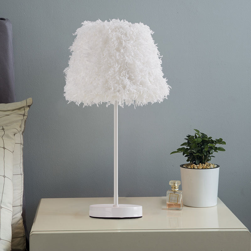 Pink/White Feather Conical Nightstand Lamp Modernist 1-Head Reading Book Light with White/Gold Base