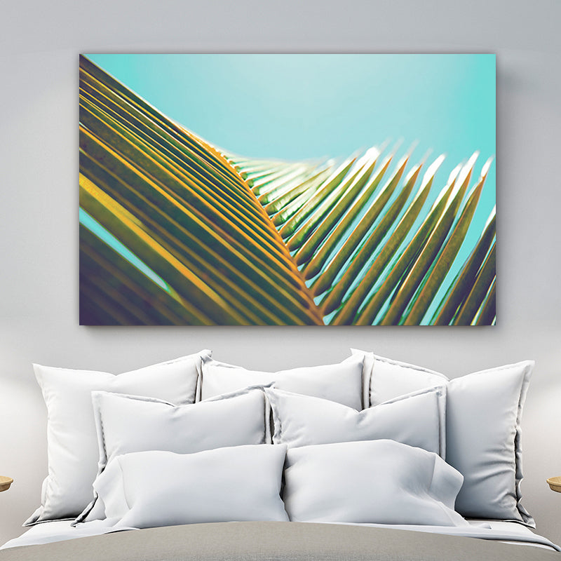Coconut Branch Wall Art Tropical Beautiful Palm Leaf Canvas Print in Green on Blue
