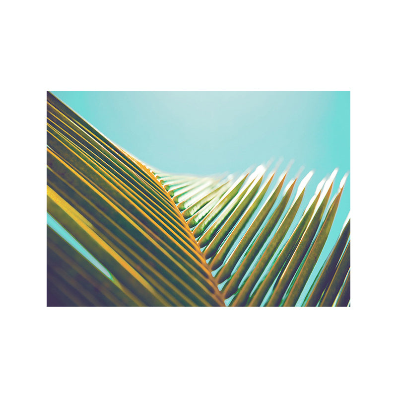 Coconut Branch Wall Art Tropical Beautiful Palm Leaf Canvas Print in Green on Blue