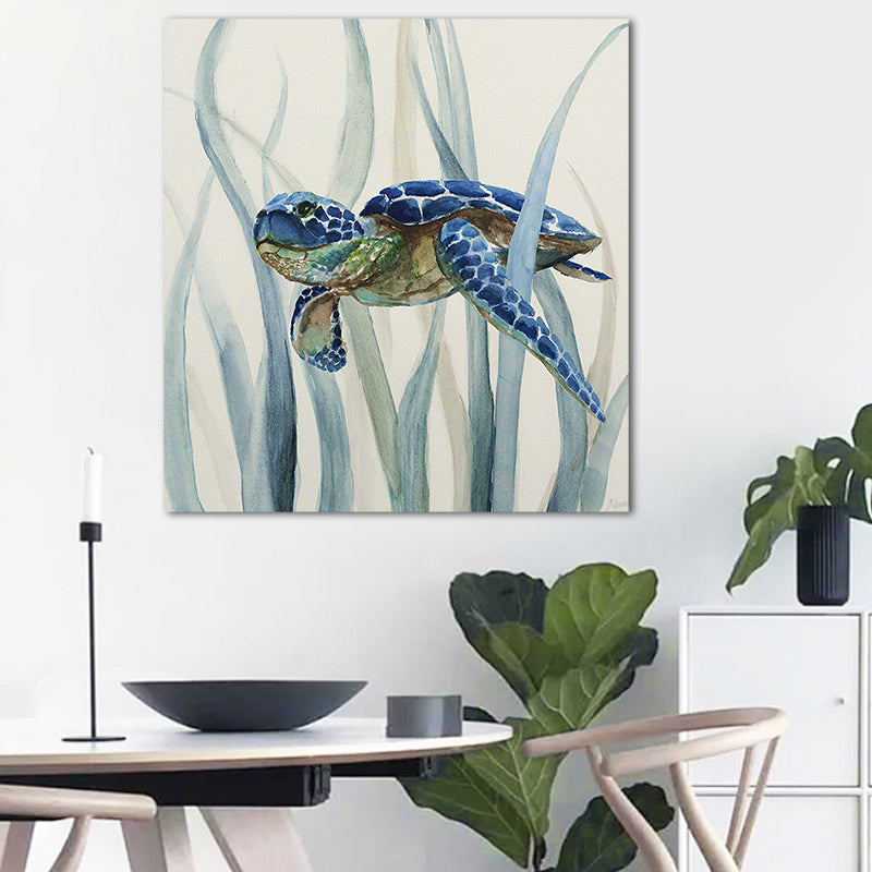 Blue Turtle and Seaweed Painting Textured Tropical Child Bedroom Canvas Wall Art