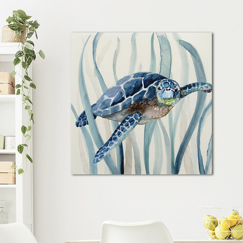 Blue Turtle and Seaweed Painting Textured Tropical Child Bedroom Canvas Wall Art