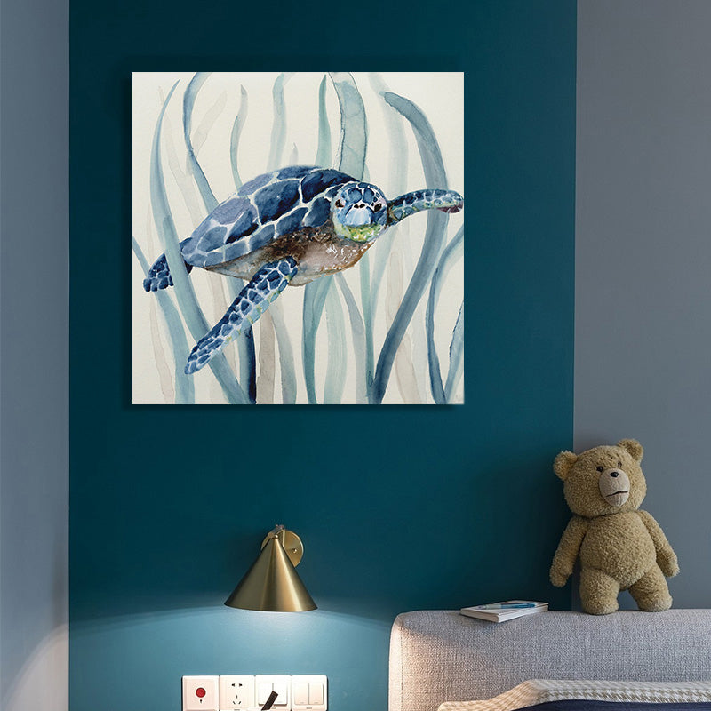 Blue Turtle and Seaweed Painting Textured Tropical Child Bedroom Canvas Wall Art