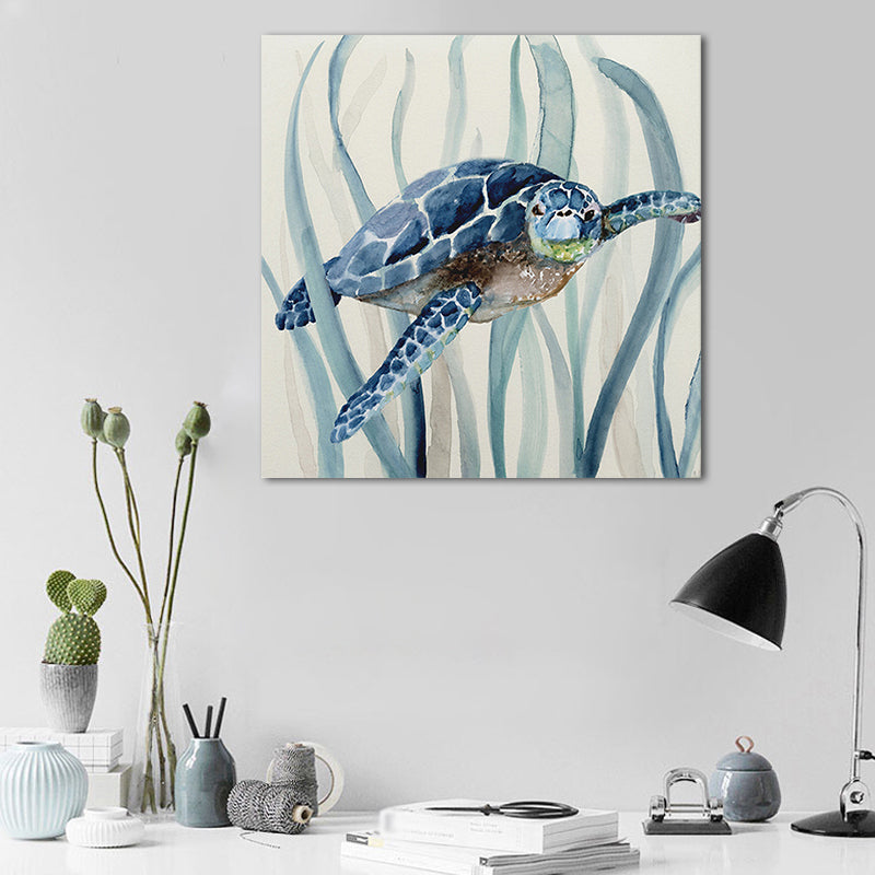 Blue Turtle and Seaweed Painting Textured Tropical Child Bedroom Canvas Wall Art