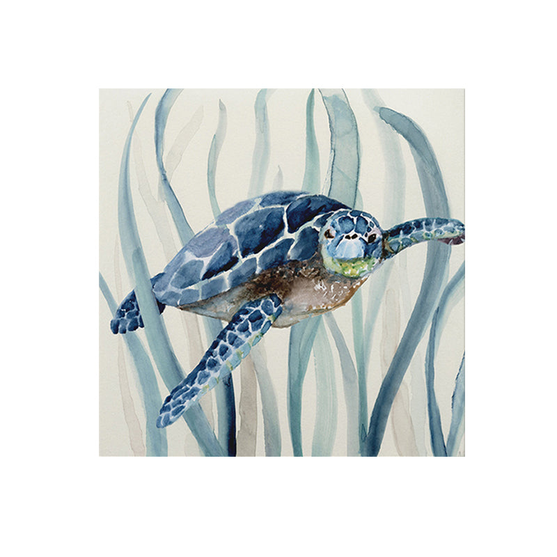 Blue Turtle and Seaweed Painting Textured Tropical Child Bedroom Canvas Wall Art