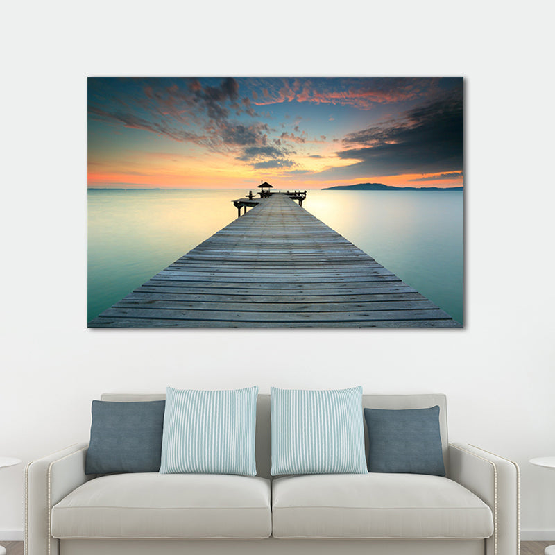 Foto Oceaan Houten Brug Kunstdruk Eigentijds Canvas Muurdecoratie in donkere kleur