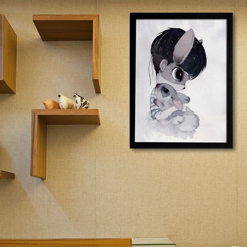 Cartoon Rabbit Painting Canvas Black Textured Wall Art Print for Childrens Bedroom