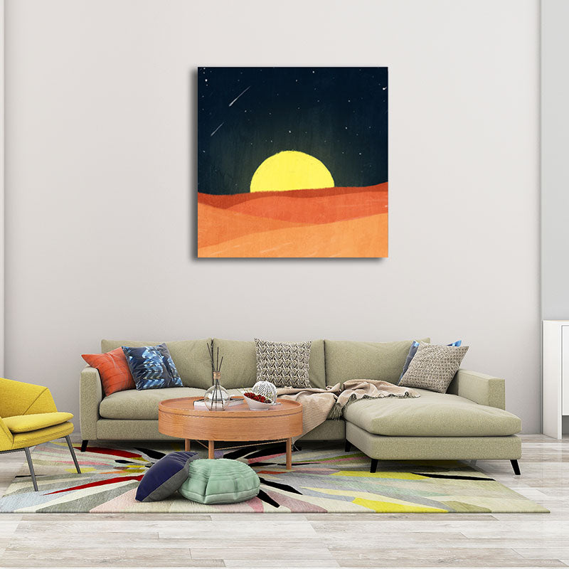 Soft Color Kids Wall Art Mountain and Starry Moon Night Sky Painting Canvas for Nursery