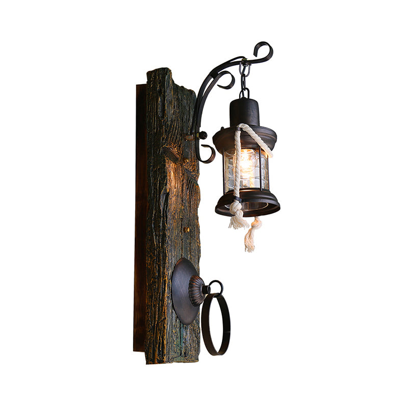 One Bulb Clear Glass Sconce Light Fixture Coastal Black Kerosene Outdoor Wall Lamp with Wooden Backplate