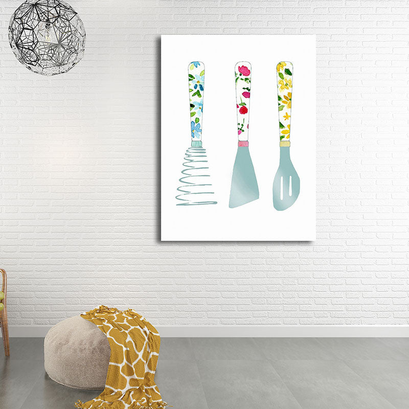 Blue Utensils Canvas Art Kitchenware Nordic Textured Wall Decoration for Dining Room