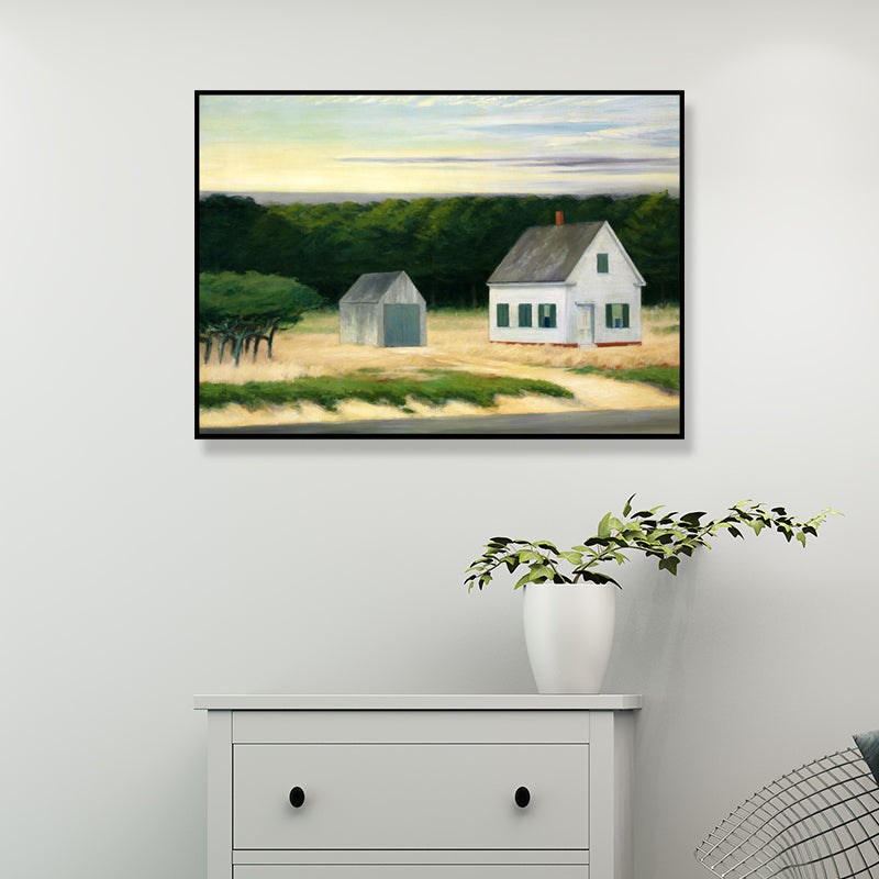 Rural Houses and Forest Painting Green-White Textured Wall Art Decor for Sitting Room