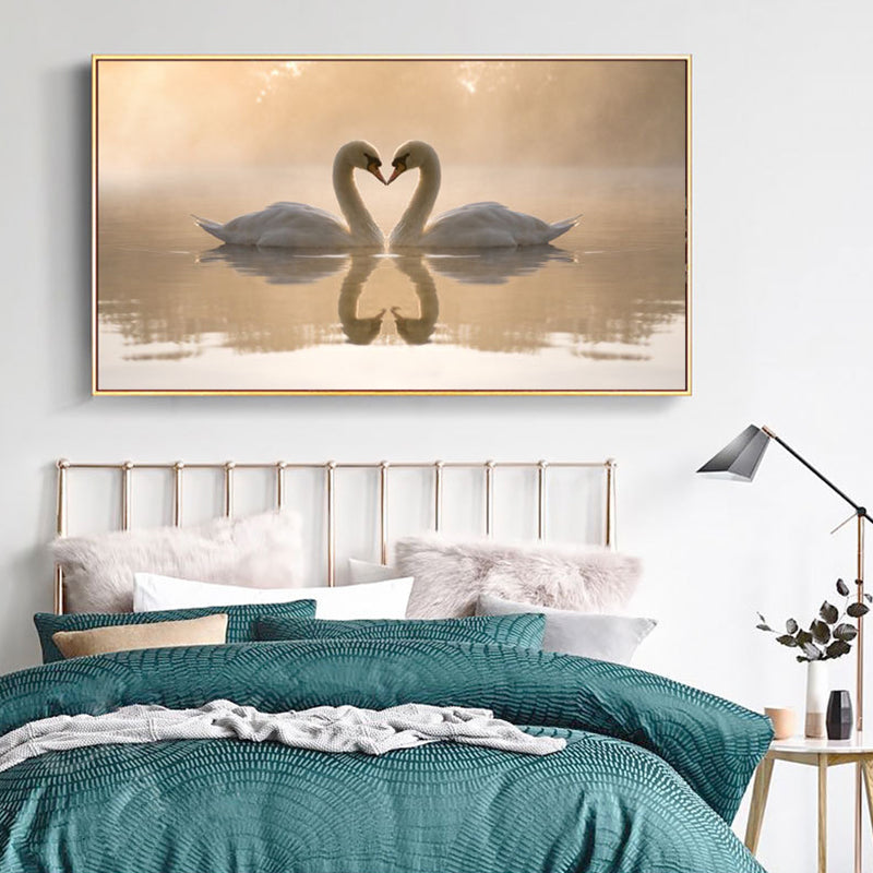 Yellow Modernist Wall Decor Swan Love in the Sunset Lake Canvas Wall Art for Bedroom