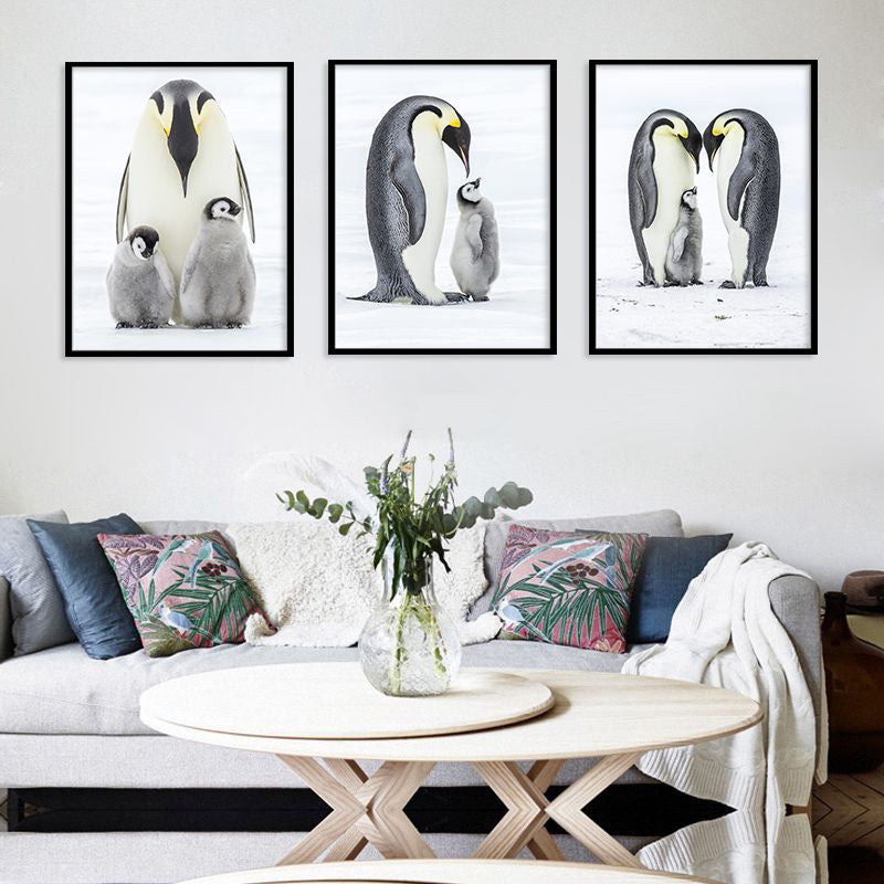 Photo-Print Penguin Family Canvas Wall Art for Living Room, Grey and White, Textured