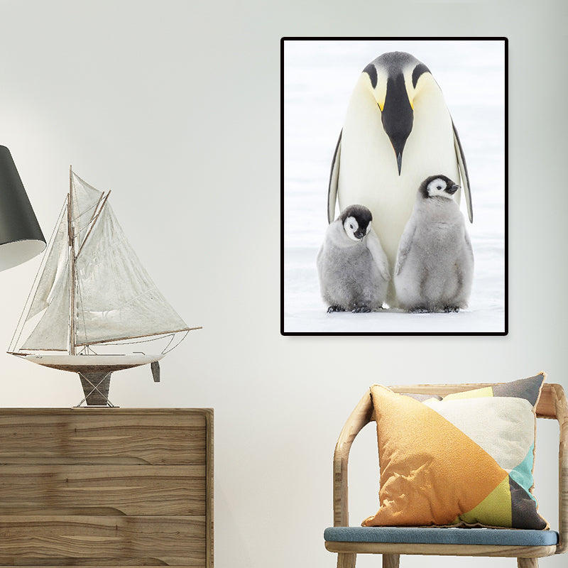 Photo-Print Penguin Family Canvas Wall Art for Living Room, Grey and White, Textured