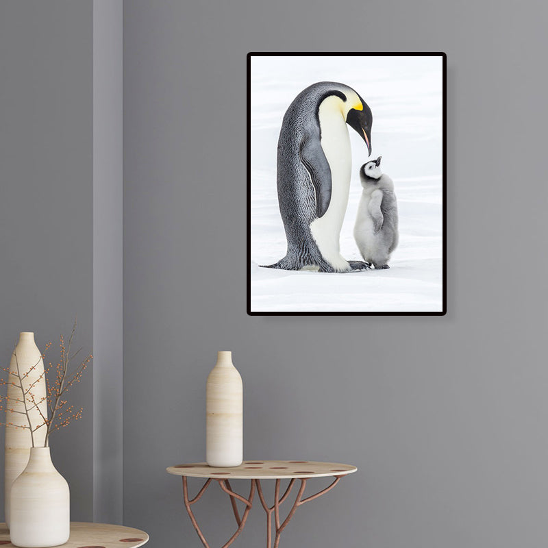 Photo-Print Penguin Family Canvas Wall Art for Living Room, Grey and White, Textured