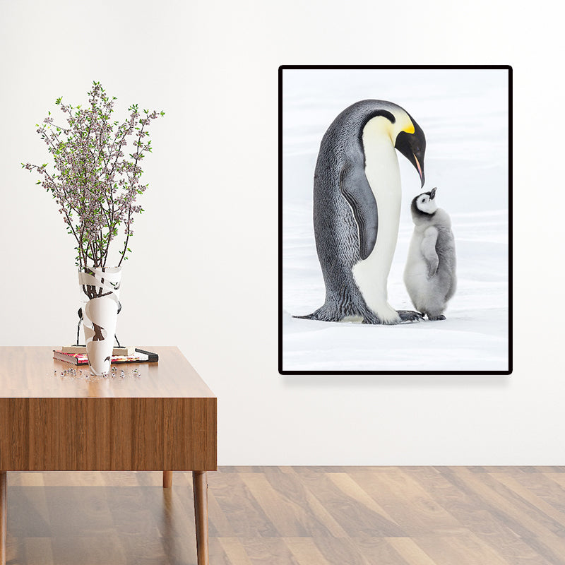 Photo-Print Penguin Family Canvas Wall Art for Living Room, Grey and White, Textured