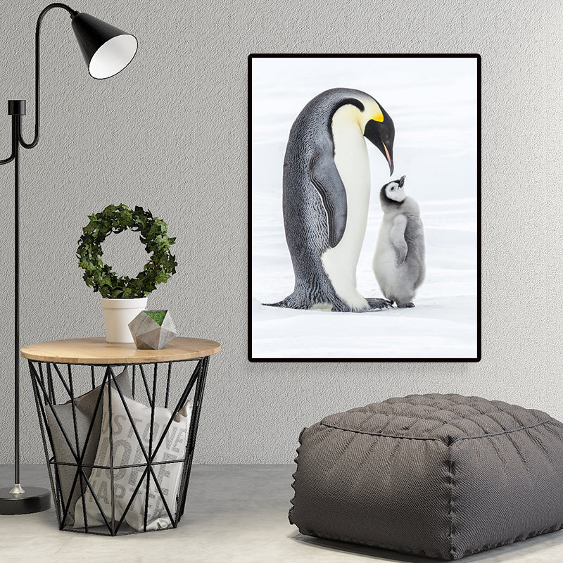 Photo-Print Penguin Family Canvas Wall Art for Living Room, Grey and White, Textured