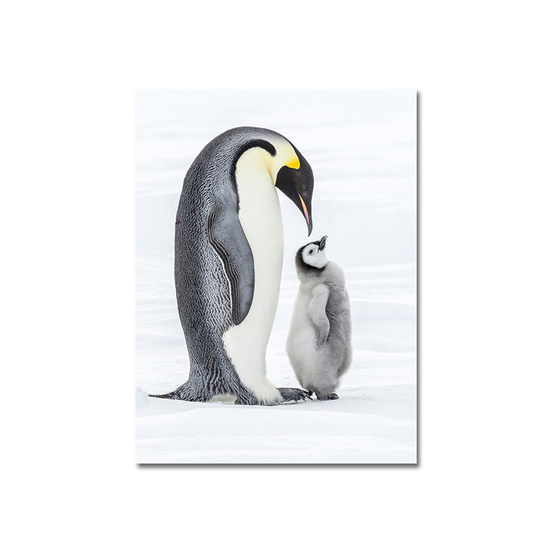 Photo-Print Penguin Family Canvas Wall Art for Living Room, Grey and White, Textured