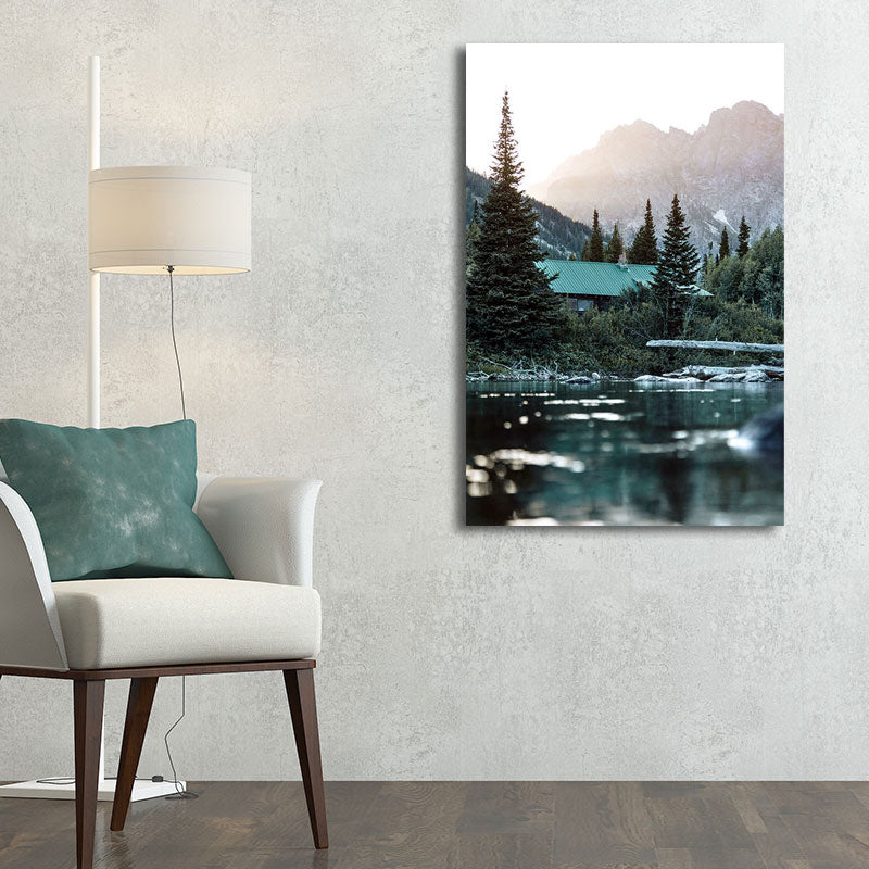 Lienzo decorativo para pared, diseño de río verde y casa de montaña, decoración de pared para el hogar