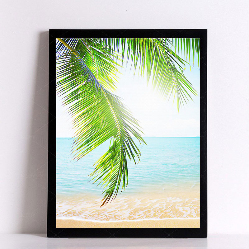 Tropics Palm Tree Branches Canvas Print Green and Blue Beach Seascape Wall Art