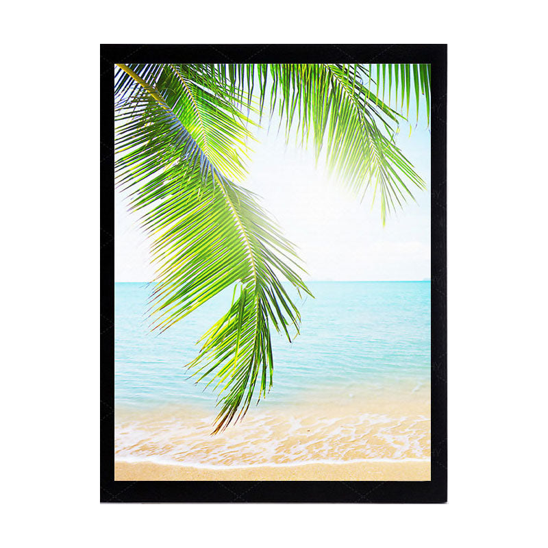 Tropics Palm Tree Branches Canvas Print Green and Blue Beach Seascape Wall Art