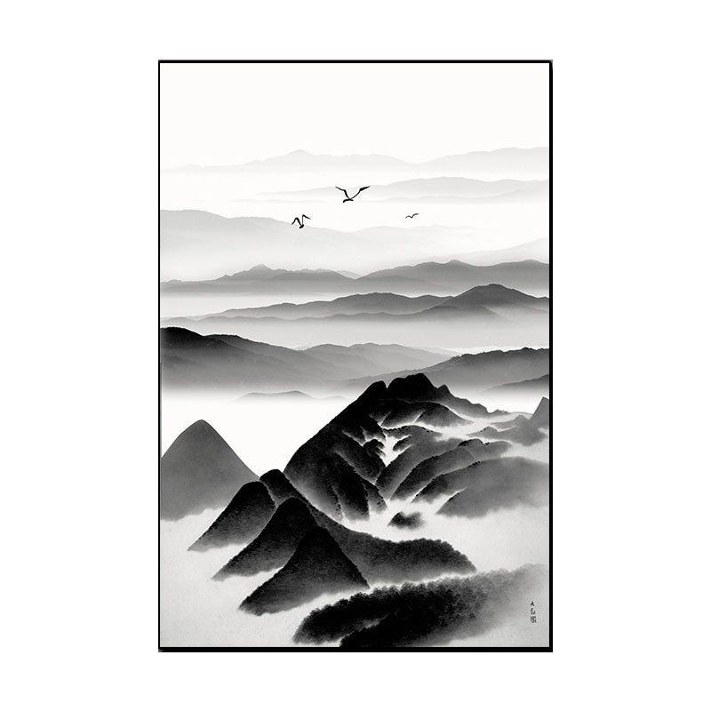 Cloudy Mountain View Canvas Art Asian Textured Wall Decor in Black for Sitting Room