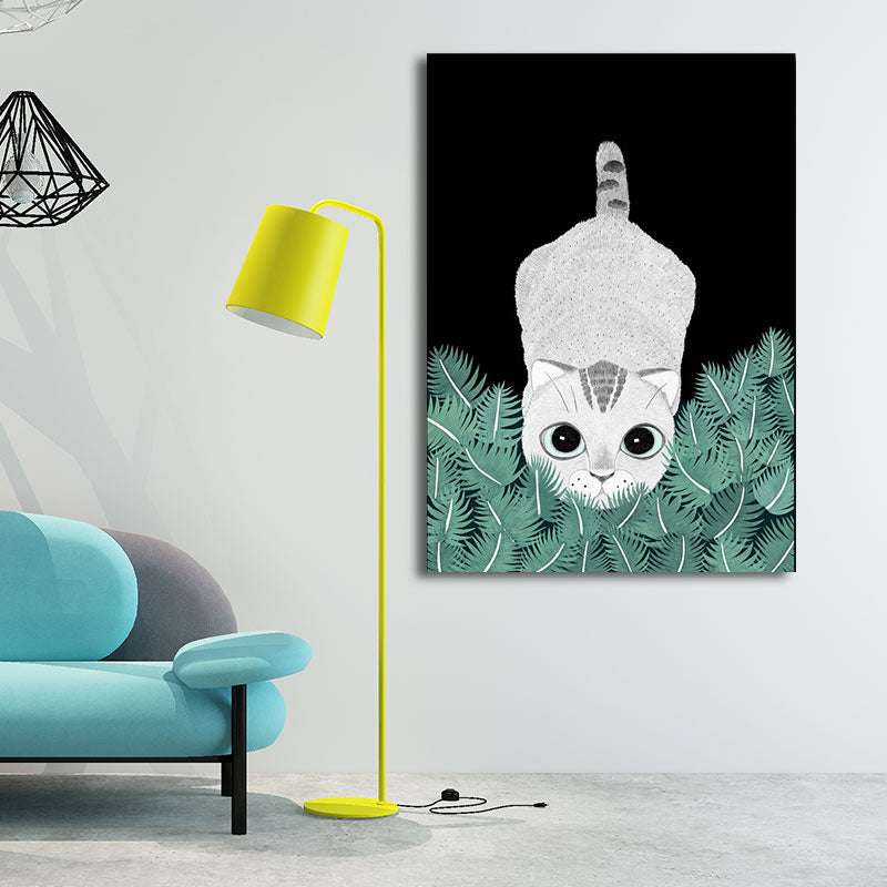 Cartoon Cat and Leave Wrapped Canvas Grey Nursery Wall Art Decor, Multiple Sizes