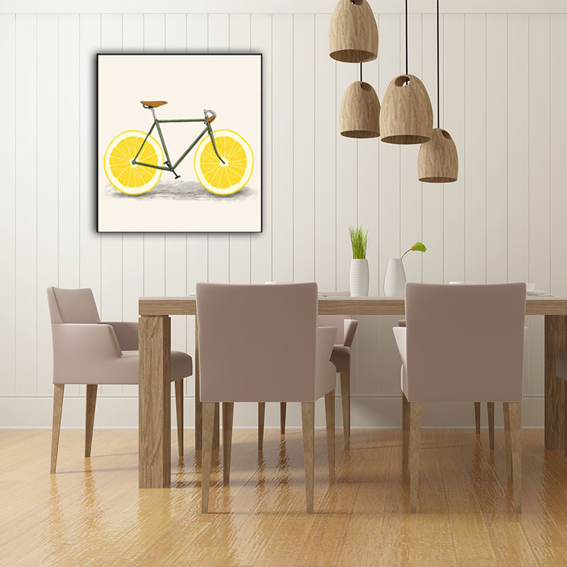 Toile d'art pour enfants de couleur pastel, décoration murale de vélo au citron pour salle à manger, texturée